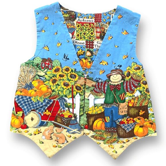 Vintage Handmade Reversible Vest Autumn Pumpkin Scarecrow Farmhouse Blue Orange - Picture 1 of 10